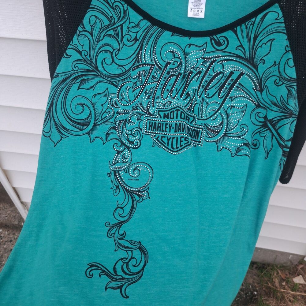 Harley-Davidson Womens XL Teal Blue Black Mesh Half Sleeve Top HD Gildners MI - Picture 4 of 8